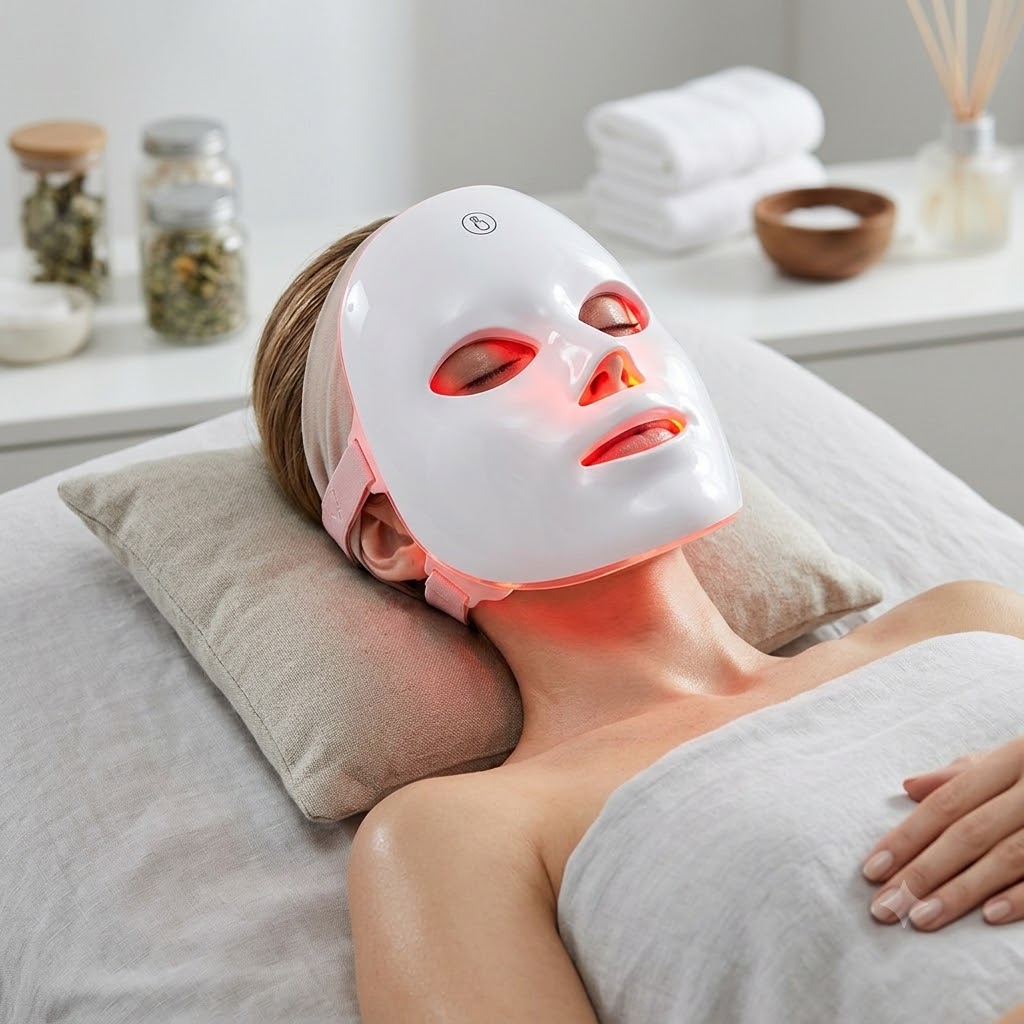 Model wearing the Jobimessentials mask in warm light